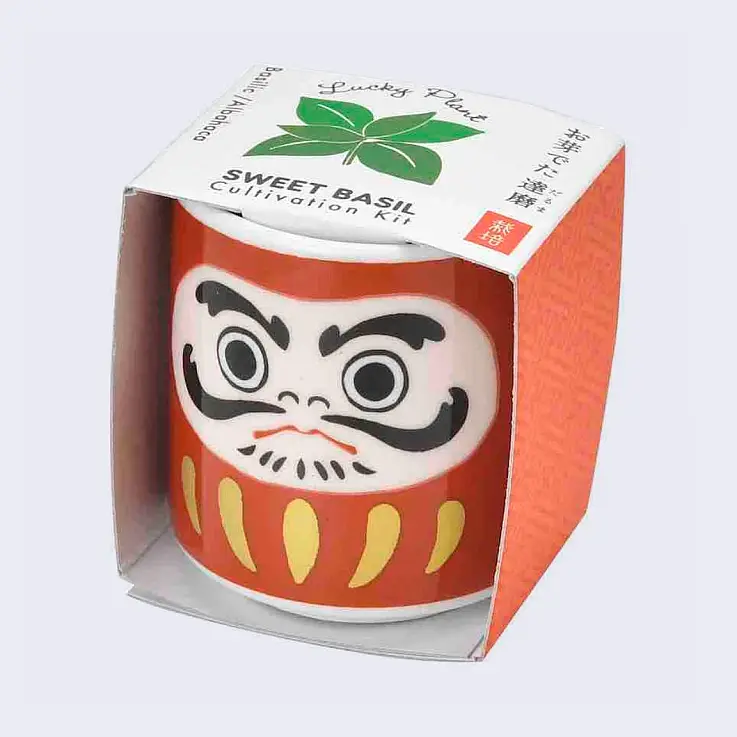 Un mini-vaso di fiori molto originale con una bambola Daruma stampata sopra.